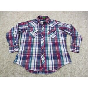 VINTAGE Wrangler Shirt Mens XL 17.5 36 Red Western Pearl Snap X Long Tails